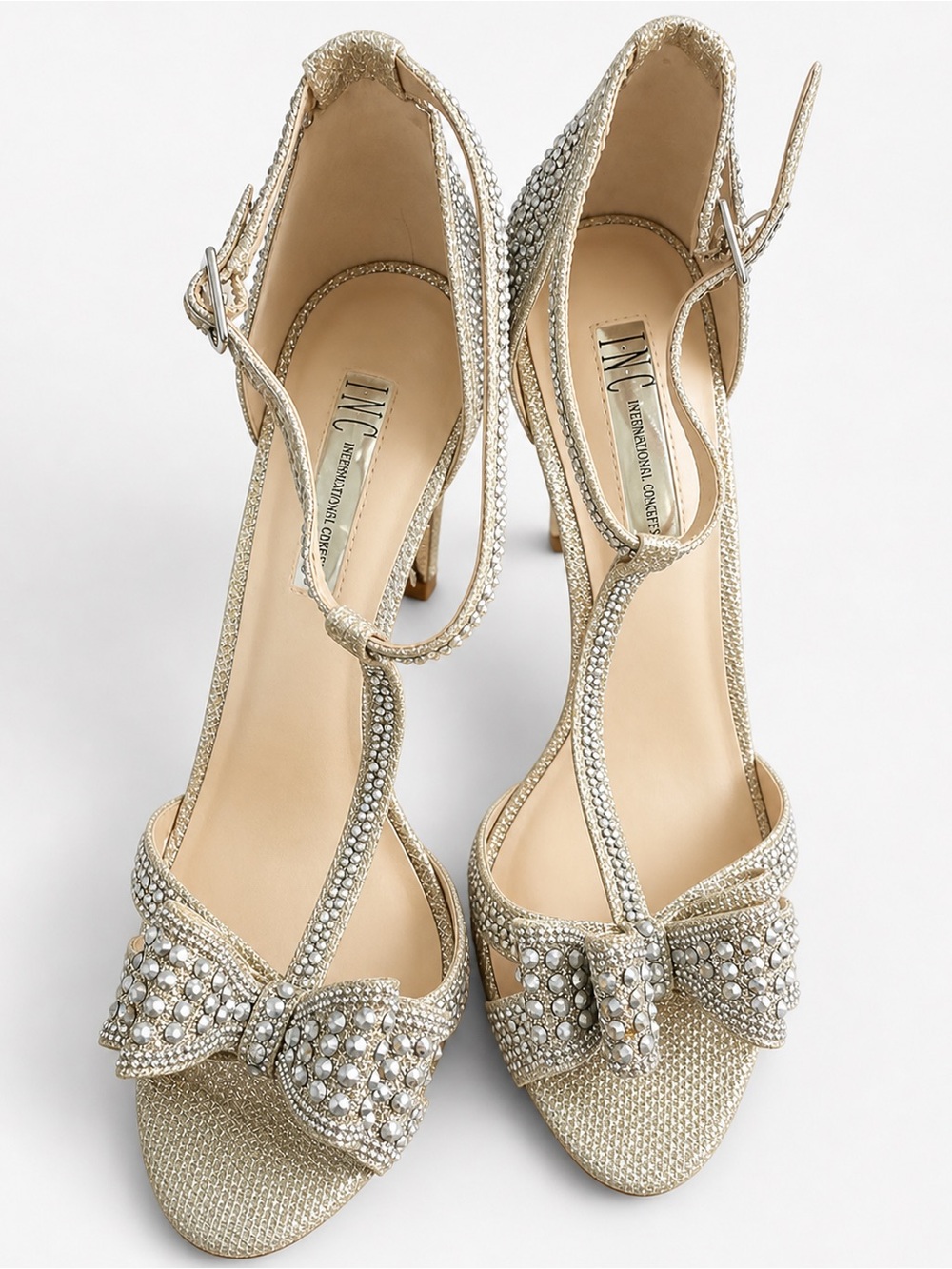 INC International Concepts Gold Crystal Bow T-Strap Heels Sz 7.5